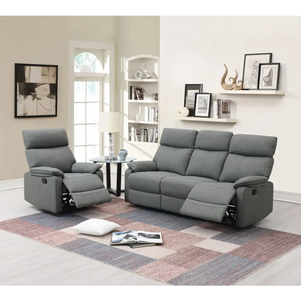 Gray Burlap Fabric Recliner Motion Sofa and Chair Set for comfortable lounging