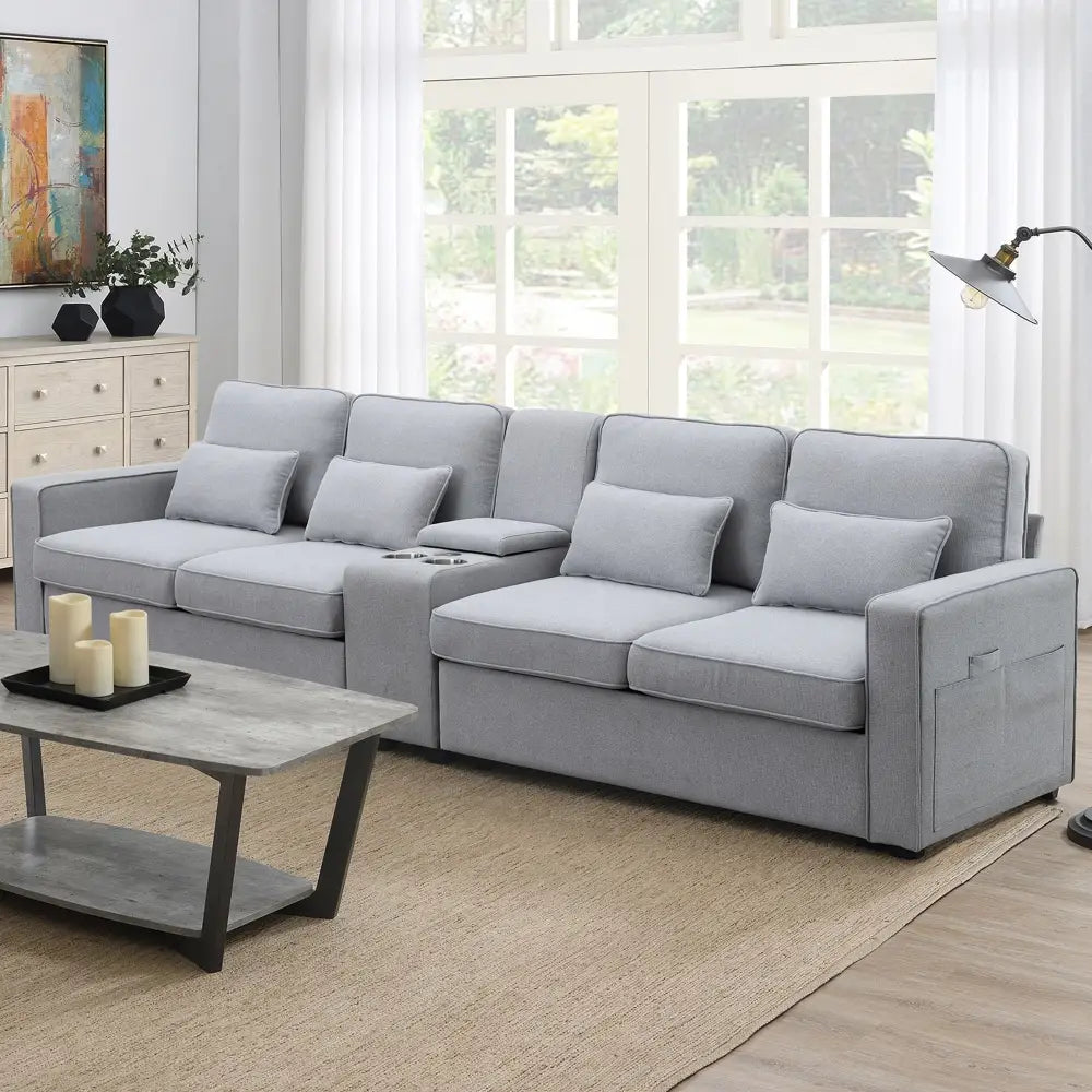 Gray linen fabric sofa with large seat depth and cup holders, weight capacity 330lbs