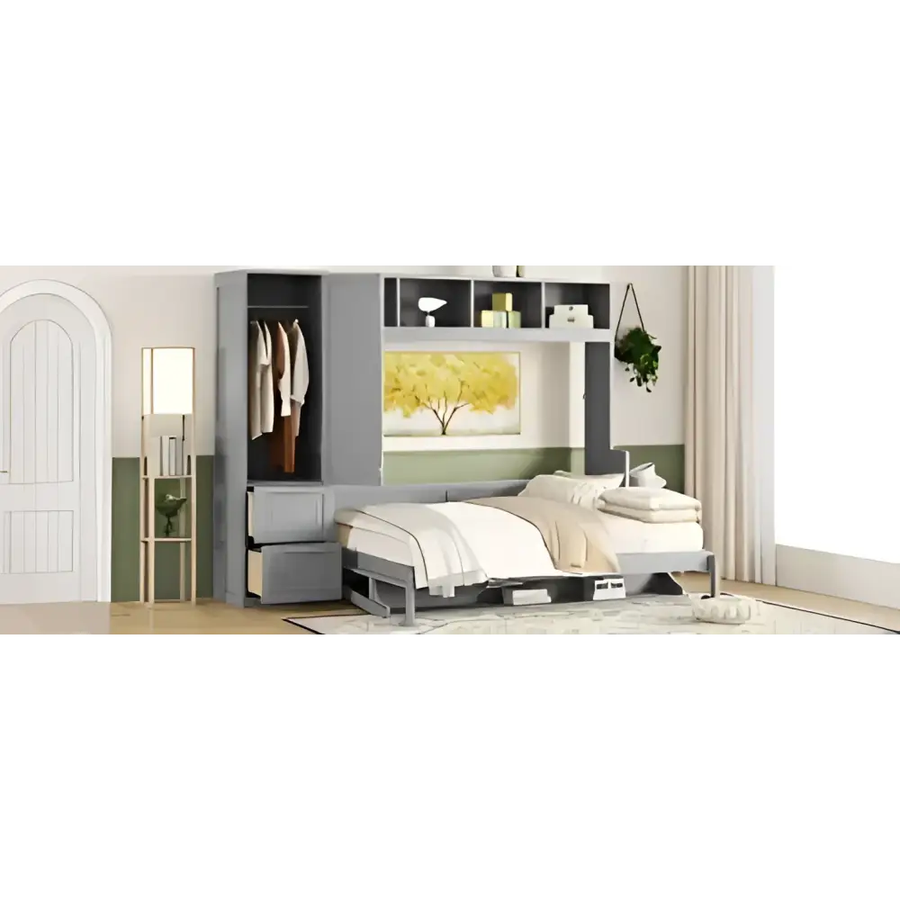 Gray Murphy Bed with closet and drawers in a modern gray bedroom set image