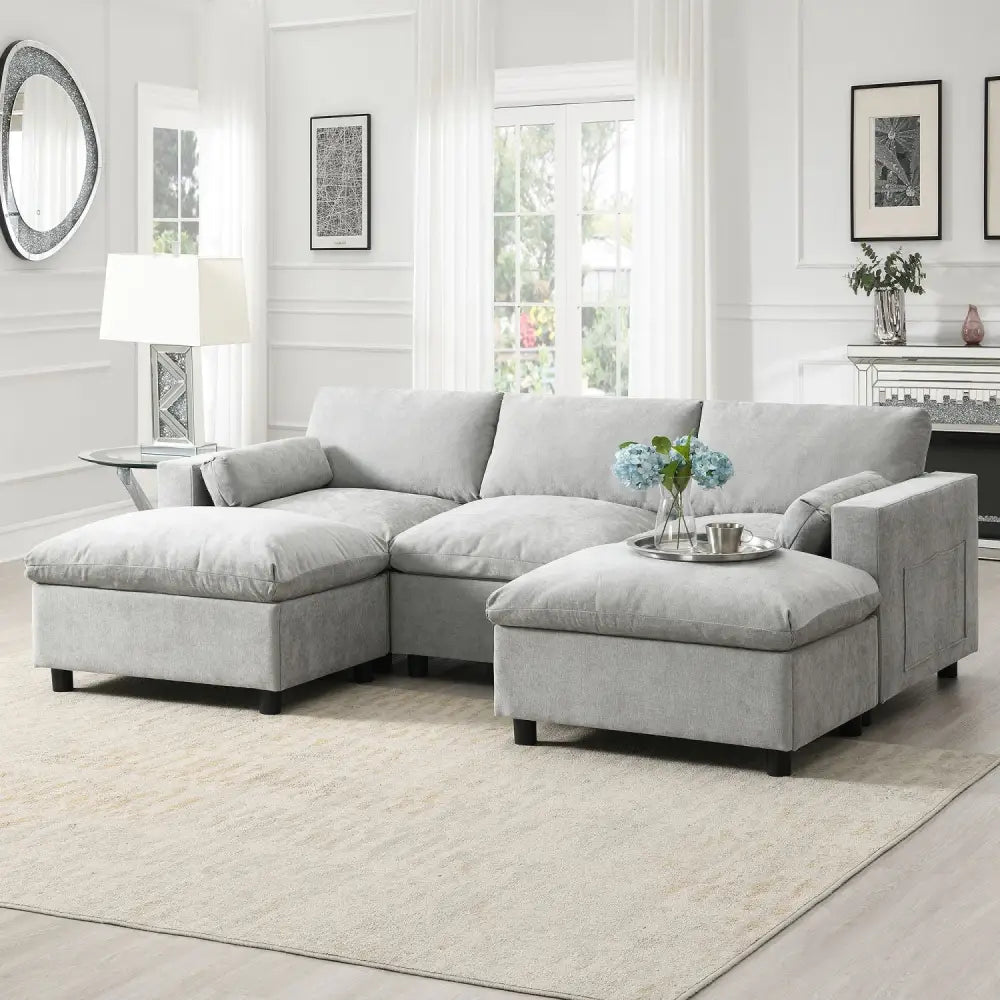 Gray modular sectional sofa for living room with package size details included