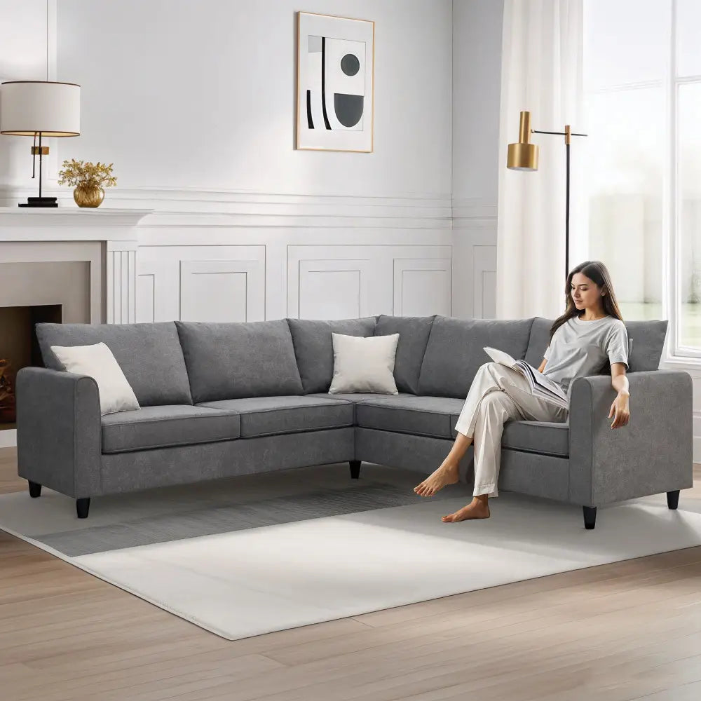Gray sectional sofa showcasing package size details for modern L shape sectional sofa
