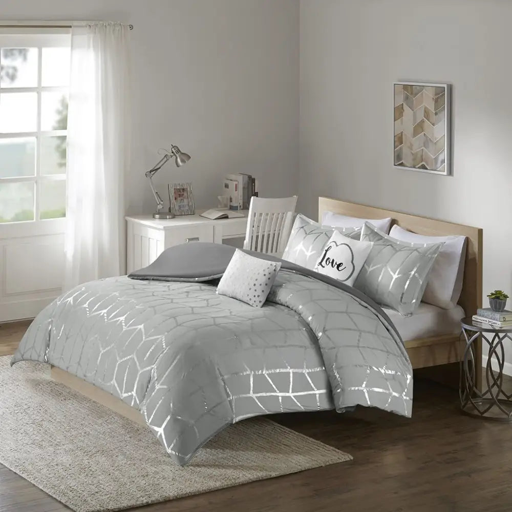 Gray and silver geometric duvet cover set for twin beds, modern bedding ensemble