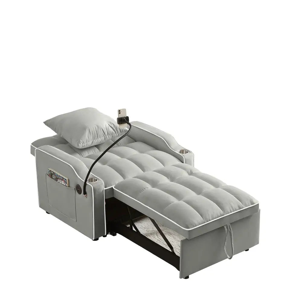 Gray convertible chair bed with phone holder, ideal for small spaces and comfort