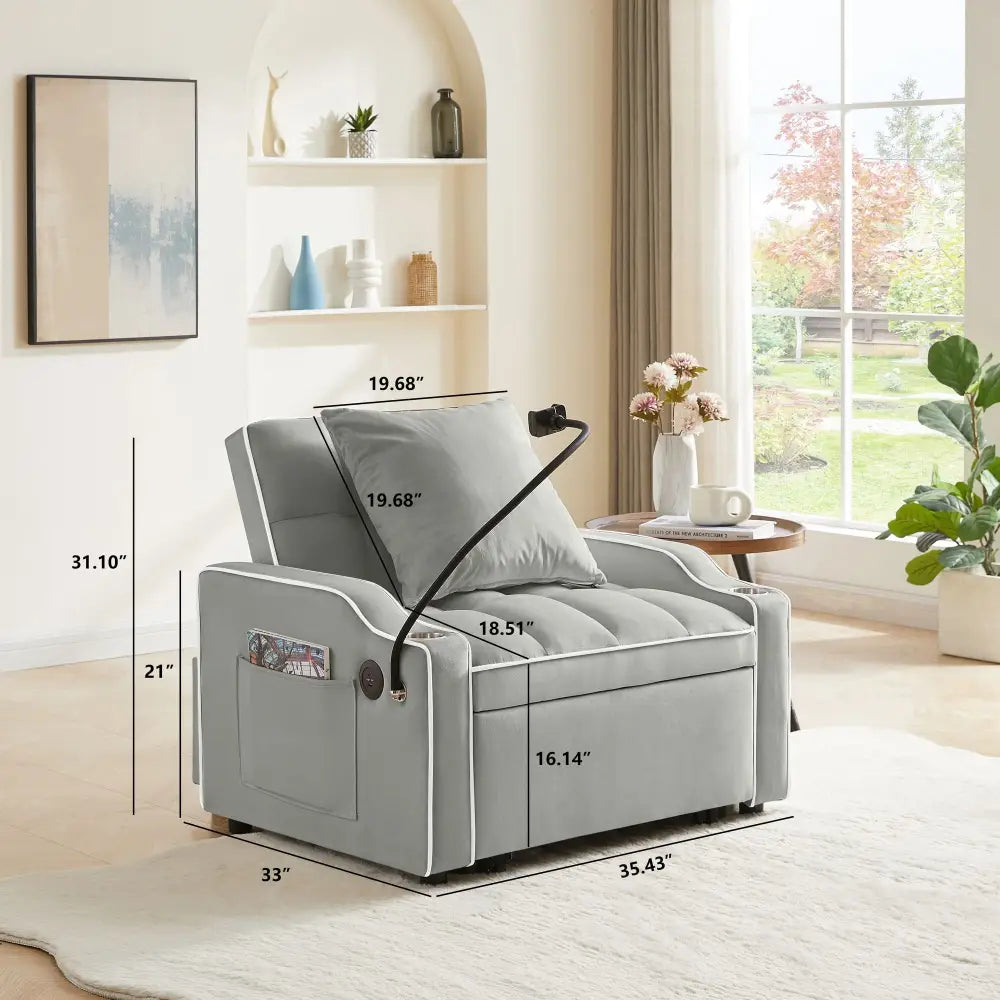 Gray recliner chair bed with white trim, perfect for small spaces and modern Comfort