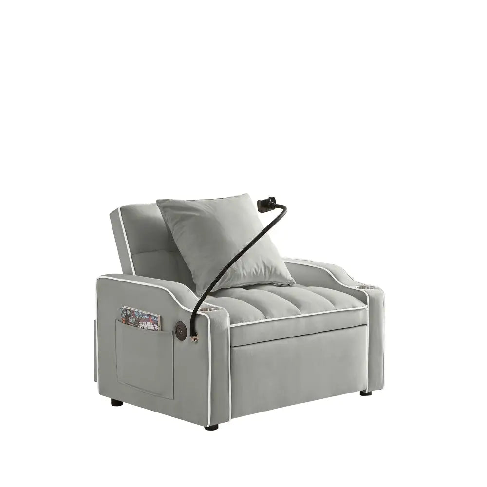 Gray recliner chair bed with white trim, ideal for small spaces, perfect chair bed solution