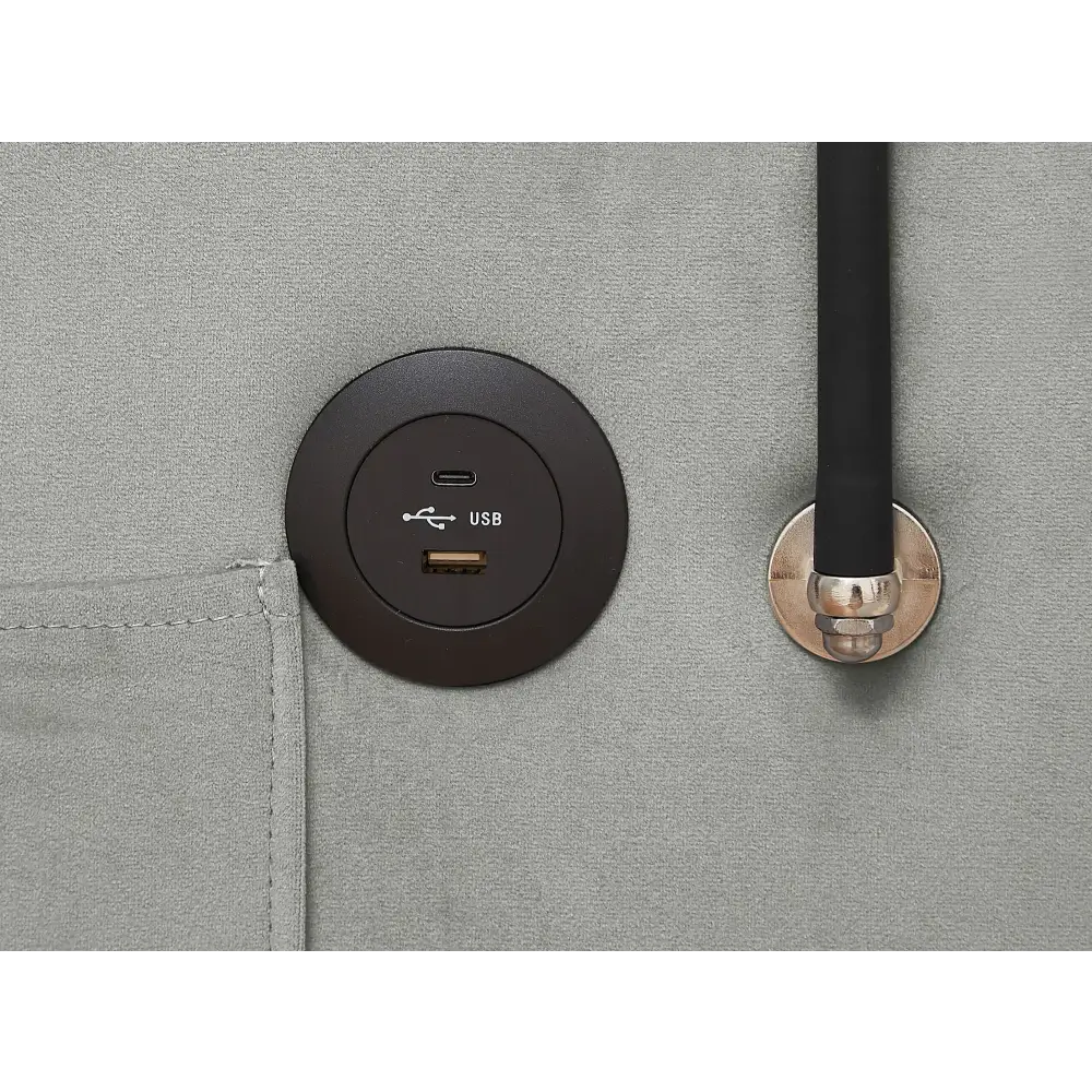 Brown USB charging port on Grey Velvet Chair Bed Sleeper for Small Spaces