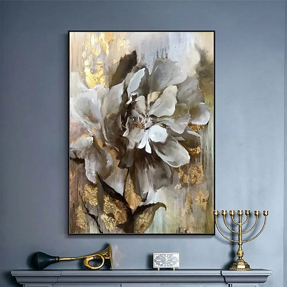 Handmade floral oil painting on canvas with gold accents and intricate details