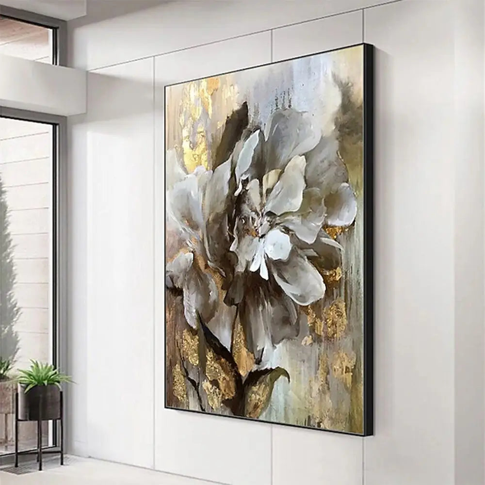 Handmade Floral Oil Painting on Canvas with gold accents featuring vibrant floral artwork