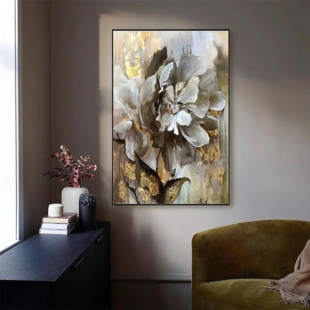 Handmade floral oil painting on canvas featuring an abstract floral design