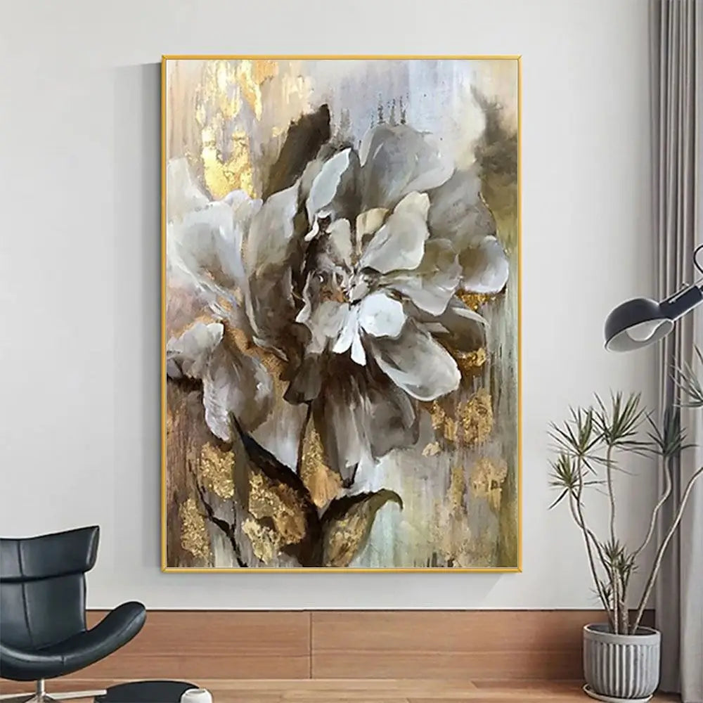 Handmade floral oil painting on canvas with gold accents for elegant home decor