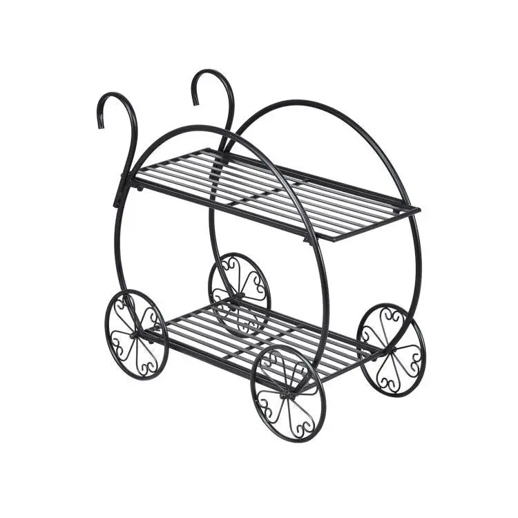 Black metal two-tiered plant stand with round wheels for potted plants and flower pots