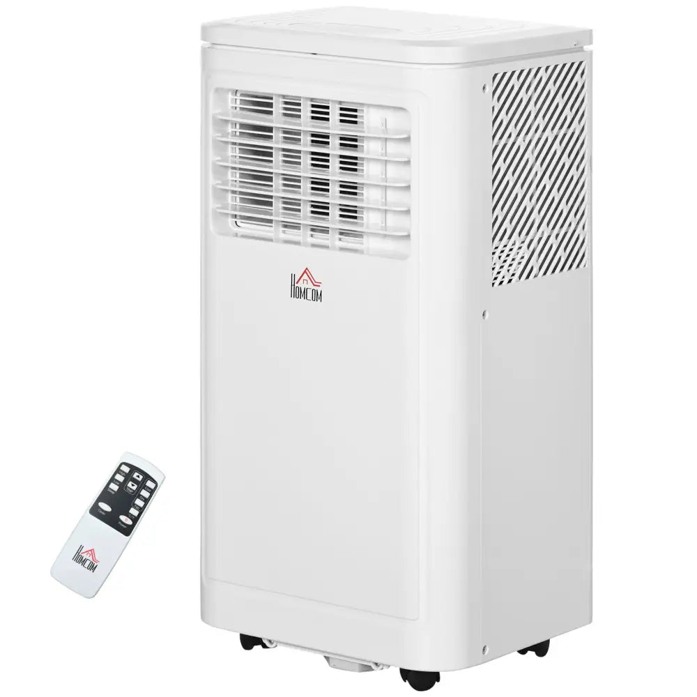White portable air conditioner with remote control for efficient cooling and portability