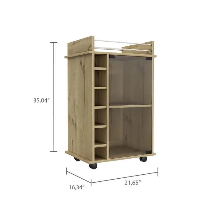 Image of Huali Bar Cart with Wine Rack and dimensions showcasing 1-year warranty coverage