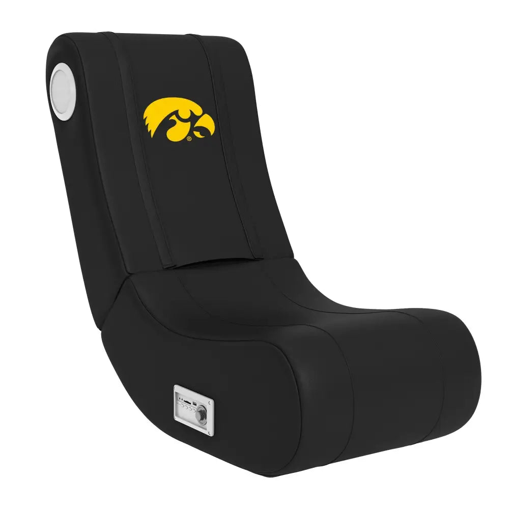 Black gaming chair with Iowa Hawkeyes logo in the Iowa Hawkeyes Game Rocker 100 product