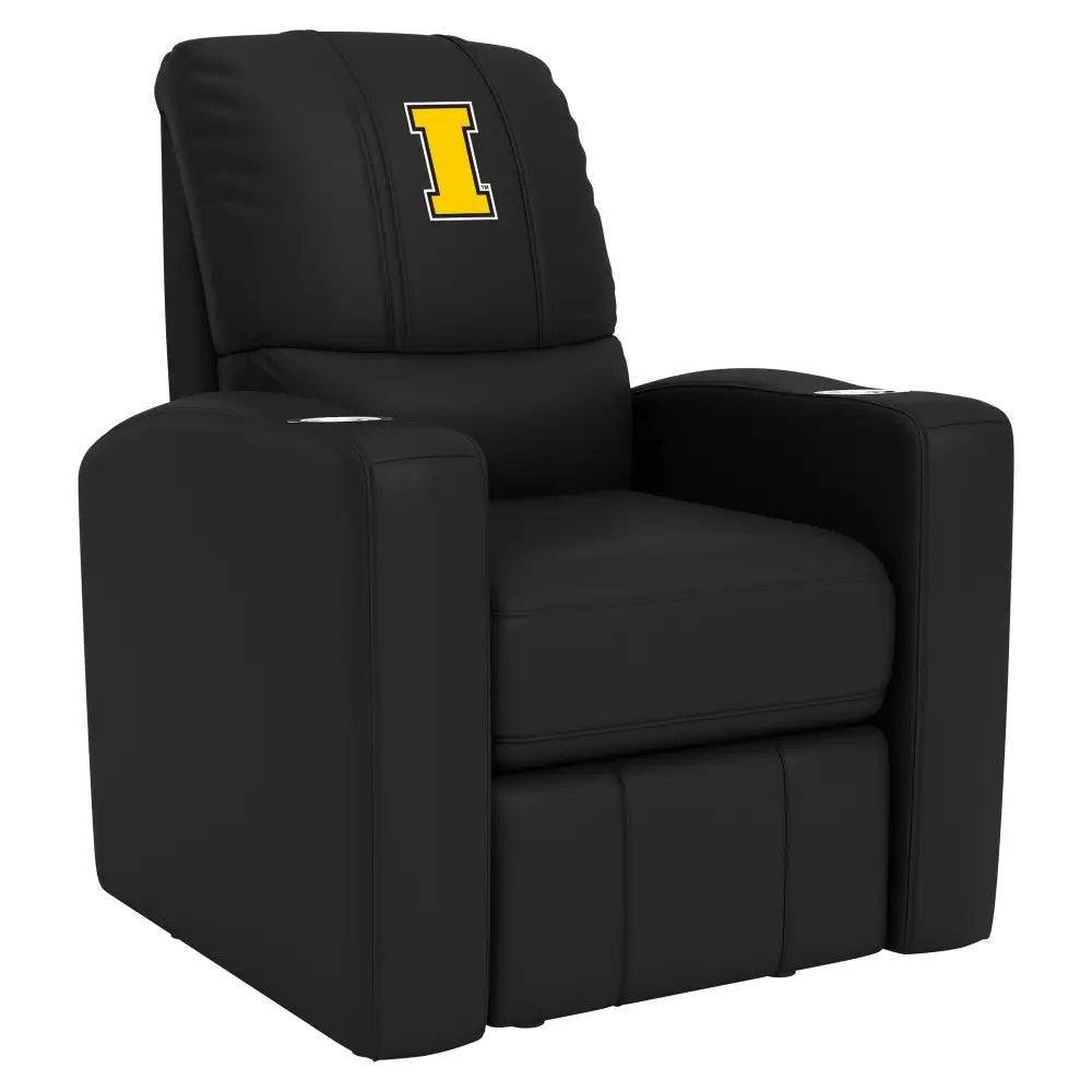 Black recliner with yellow Iowa Hawkeyes I logo, stylish and comfortable gaming chair