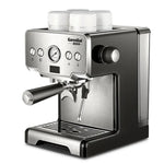 Black and silver Italian Semi-Automatic Coffee Machine with steam milk frother for premium coffee brewing