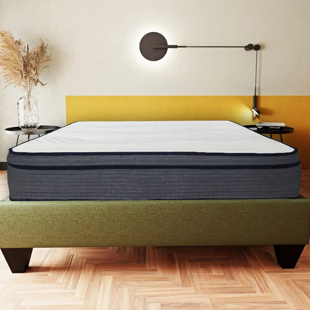 King 14 Inch Plush Hybrid Mattress with Gray Sides, White Top, foam layers, pocket coil