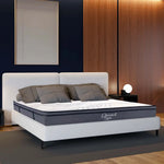 White bed with Gray Mattress showcasing King 14 Inch Plush Hybrid Mattress with Multiple Foam Layers