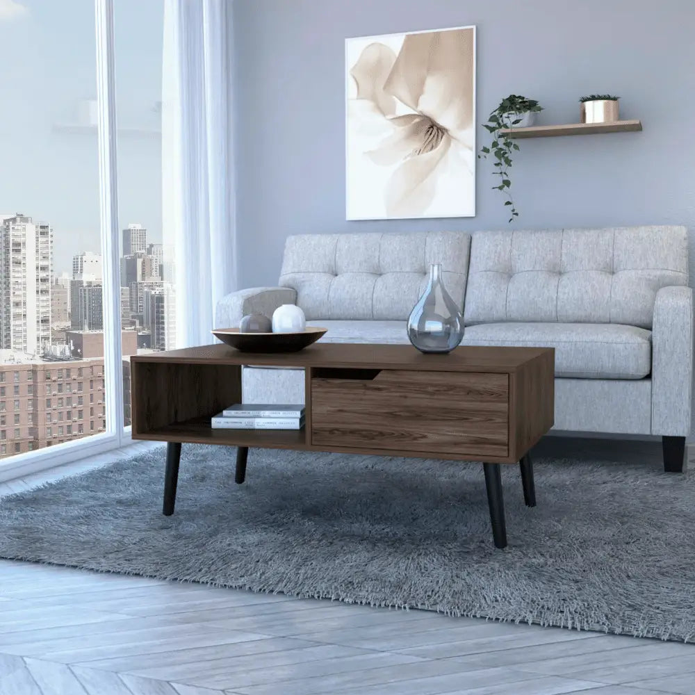 Mid-century modern Kobe Coffee Table with Drawer and Shelf for stylish living rooms