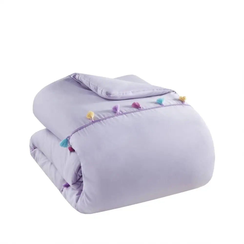 Lavender comforter with colorful tassels and heart shaped throw pillow set