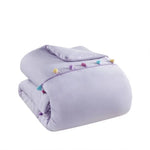 Lavender comforter with colorful tassels and heart shaped throw pillow set