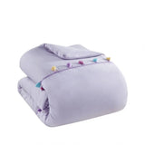 Lavender comforter with colorful tassels and heart shaped throw pillow set