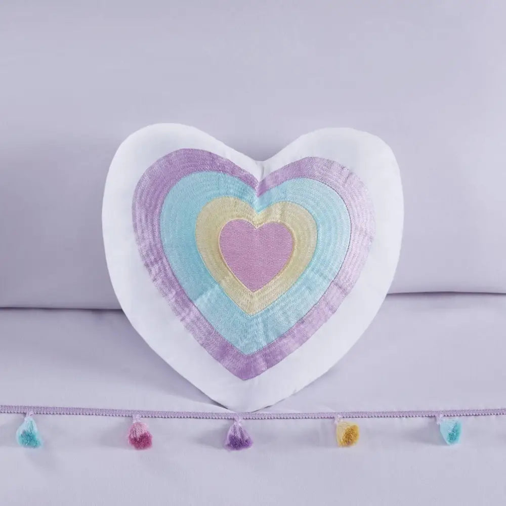 Heart shaped decorative pillow with pastel concentric hearts from Lavender Tassel Comforter set