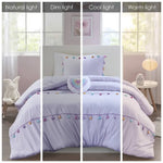 Four-panel bedroom lighting comparison featuring Lavender Tassel Comforter and heart shaped throw pillow