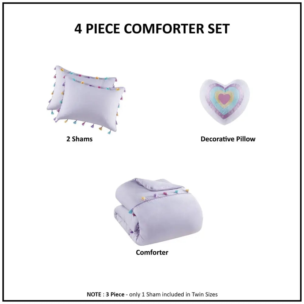 Four-piece Lavender Tassel Comforter set with heart shaped throw pillow for elegant bedding
