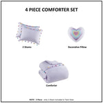Four-piece Lavender Tassel Comforter set with heart shaped throw pillow for elegant bedding