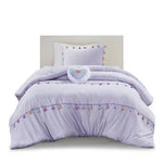 Lavender tassel-trimmed bedding set with heart shaped throw pillow for elegant bedroom decor