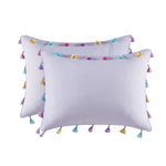 White pillowcases with colorful tassels from the Lavender Tassel Comforter set, includes heart shaped throw pillow