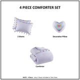 Four-piece Lavender Tassel Comforter set with heart shaped throw pillow for elegant bedding