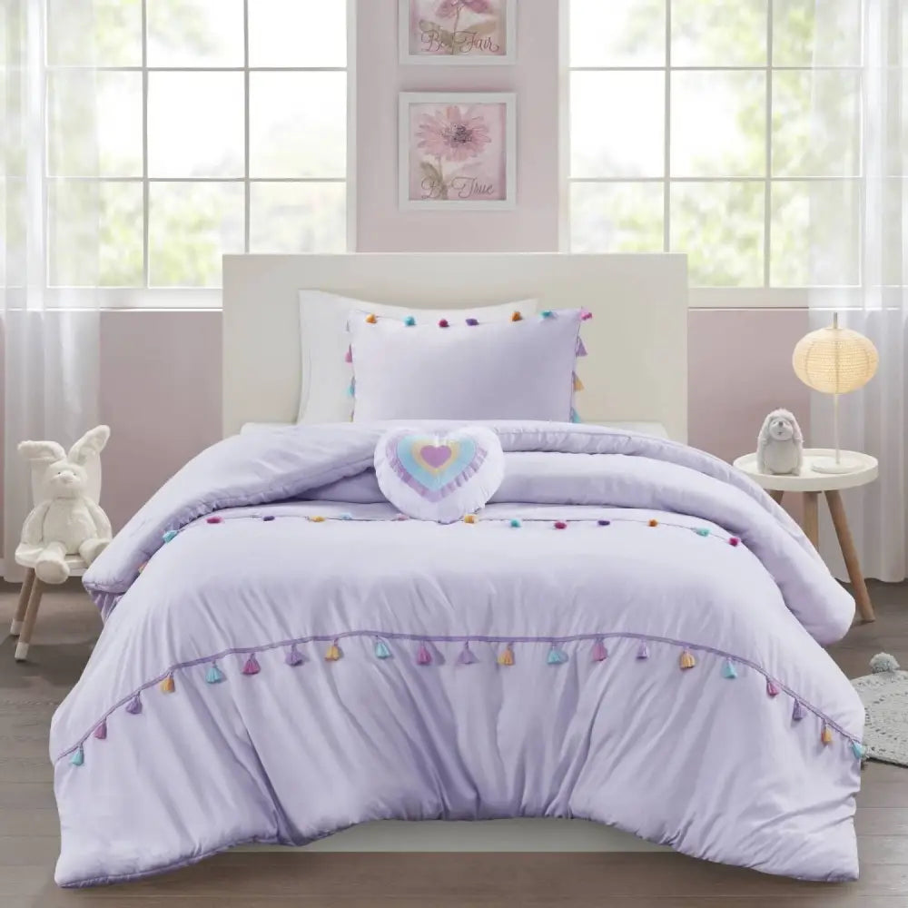 Lavender tassel-trimmed bedding with heart shaped throw pillow set for elegant decor