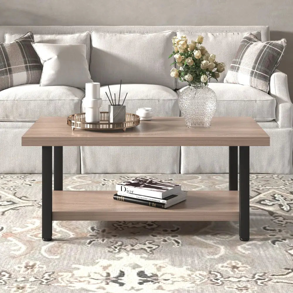 Light brown simple style coffee table with lower shelf for modern living spaces