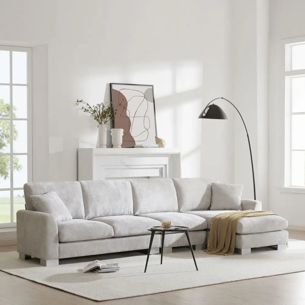 Light gray chenille sectional sofa with chaise lounge, ideal for living space package size