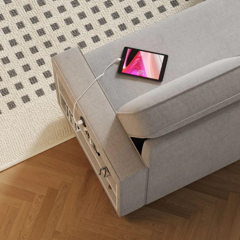 Upholstered storage ottoman with charging tablet in Light Grey L Shaped Sofa Bed package size