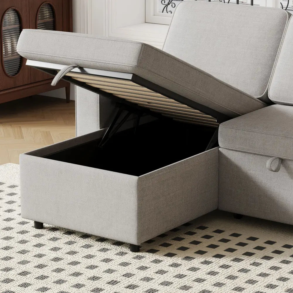 Open gray sectional sofa bed with storage, ideal package quantity and size for versatile comfort