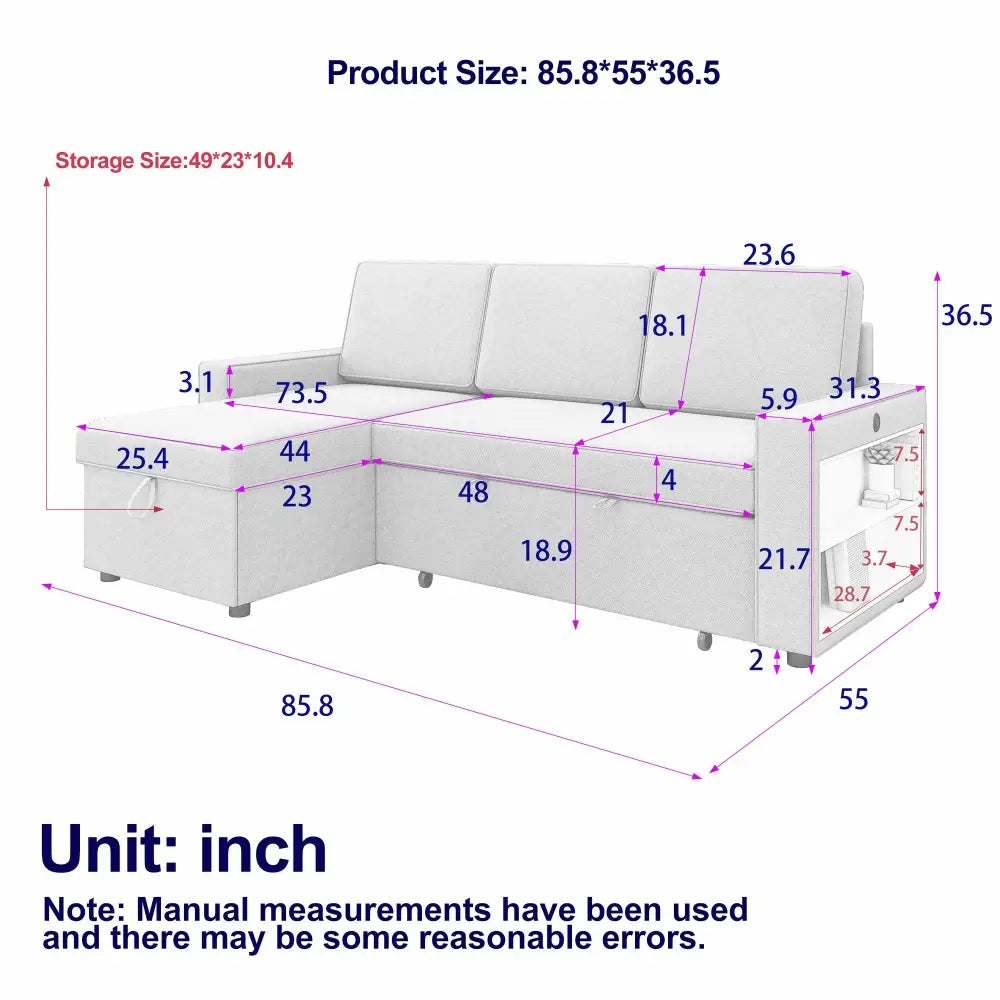 White sectional sofa bed with storage showing dimensions, part of the Light Grey L Shaped Sofa Bed with Package Quantity