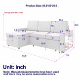 White sectional sofa bed with storage showing dimensions, part of the Light Grey L Shaped Sofa Bed with Package Quantity
