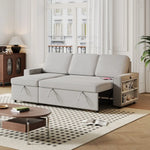 Light grey L shaped sofa bed with storage package size and pull-out bed functionality