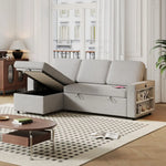 Gray sectional sofa bed with storage showing package size and quantity in modern living room