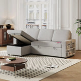 Gray sectional sofa bed with storage showing package size and quantity in modern living room