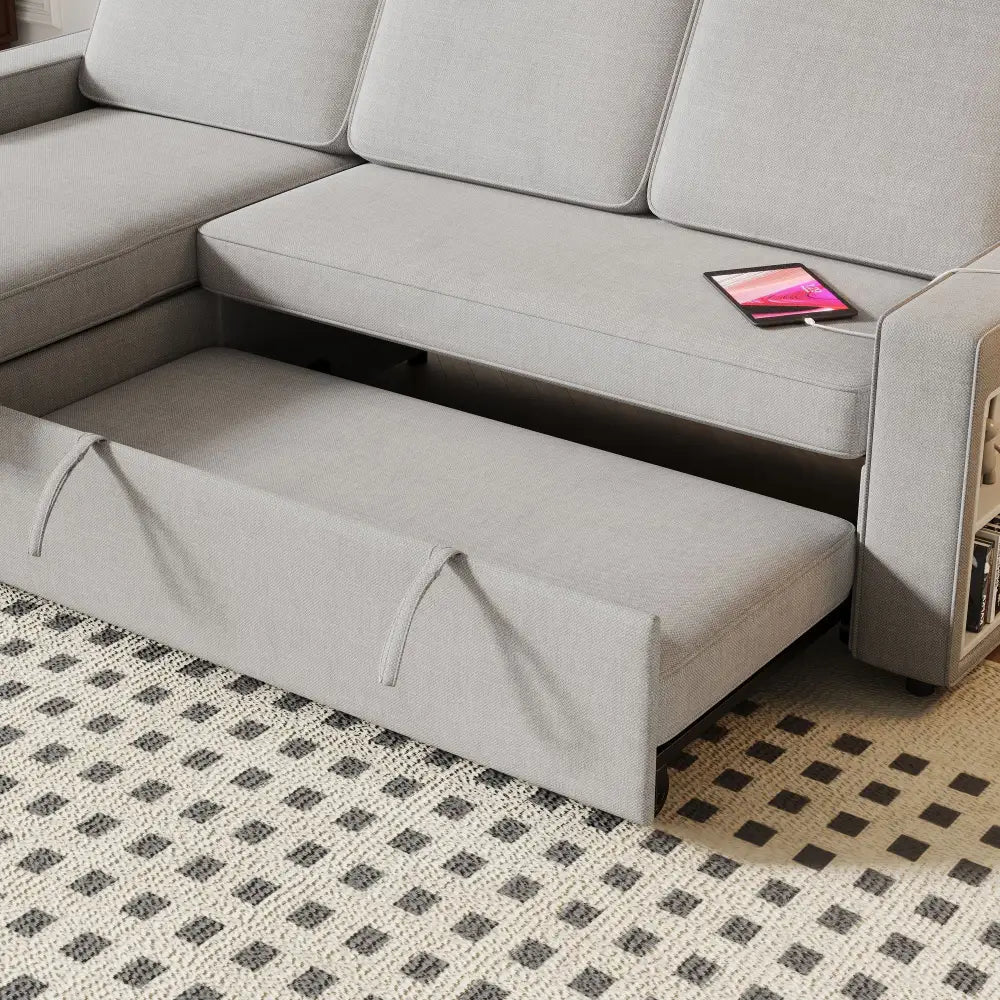 Light Grey L Shaped Sofa Bed with Storage showcasing a gray sectional sofa with pull-out bed and package quantity