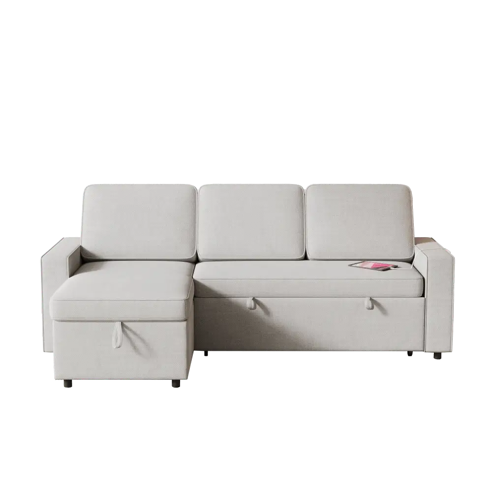 Light Grey L Shaped Sofa Bed with Storage showing a white sectional sofa with ample storage and package size