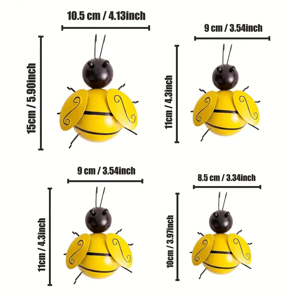 Metal Bumble Bee wall art set with four yellow and black decorative bumble bees size details