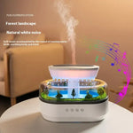 Micro landscape aroma diffuser with forest scene and music notes for soothing ambiance