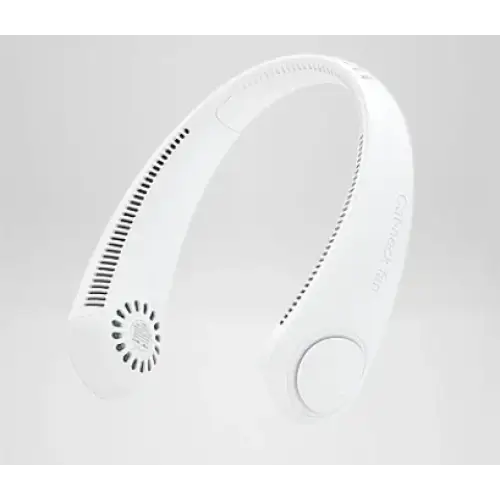 White wearable neck fan for outdoor use, bladeless neck fan design for comfort