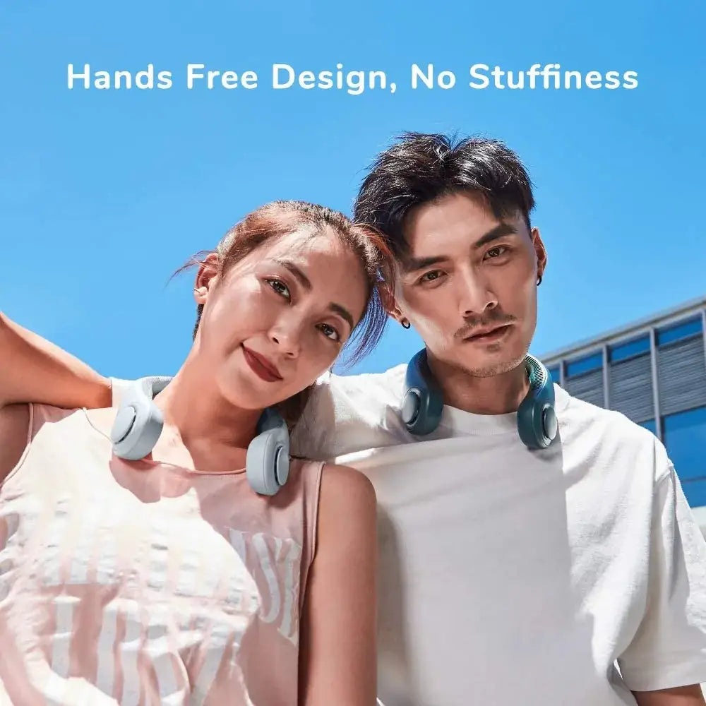 Neck-worn headphones styled as a bladeless neck fan for outdoor ventilation