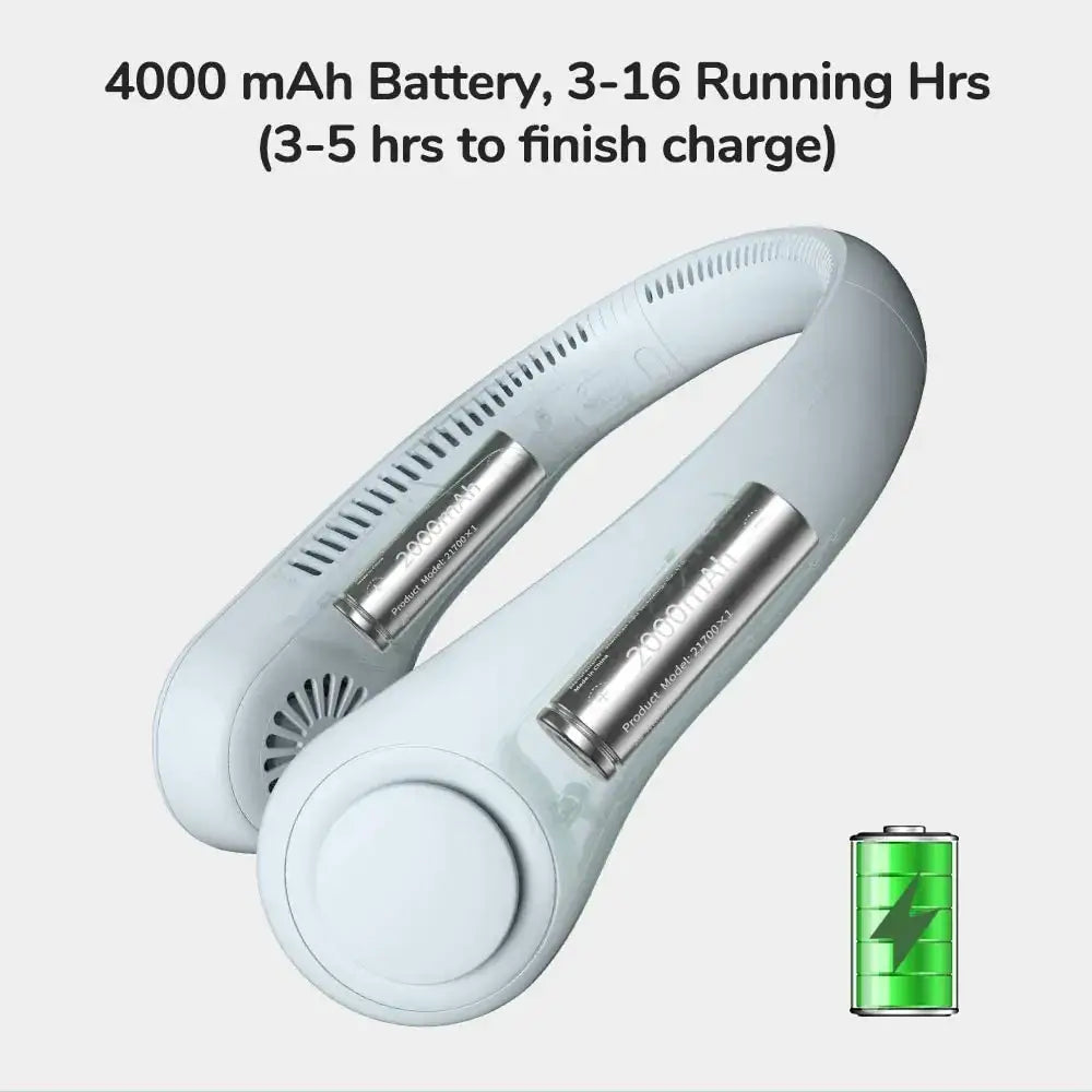 Wearable bladeless neck fan with battery for outdoor ventilation and cooling relief